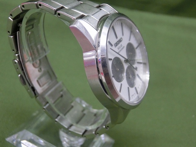 【良品】セイコー V175-0BJ0 クロノグラフ ソーラー ホワイト文字盤 メンズ腕時計